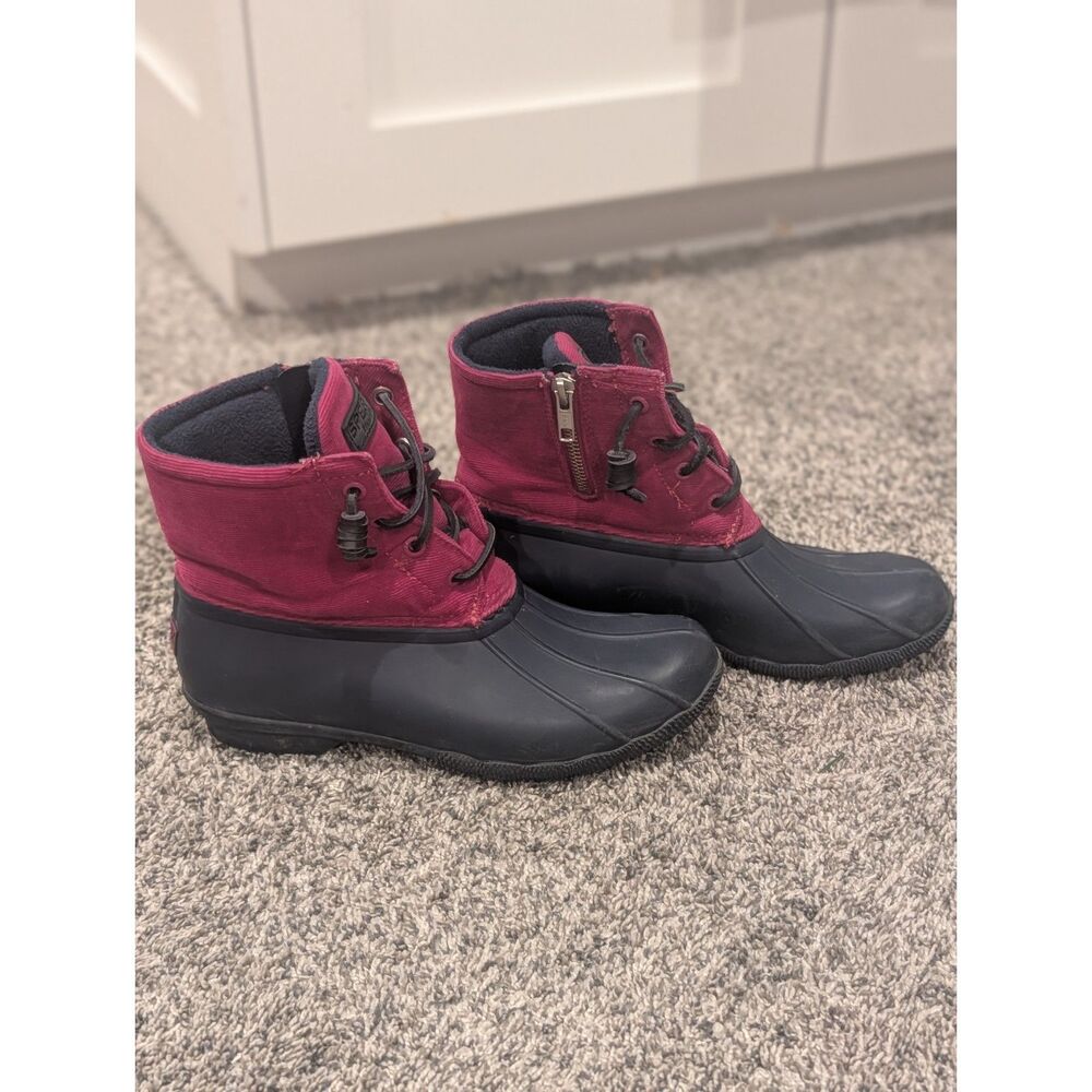Sperry Saltwater Duck Boots Womens 7 Berry Corduroy Navy Waterproof Winter Boots
